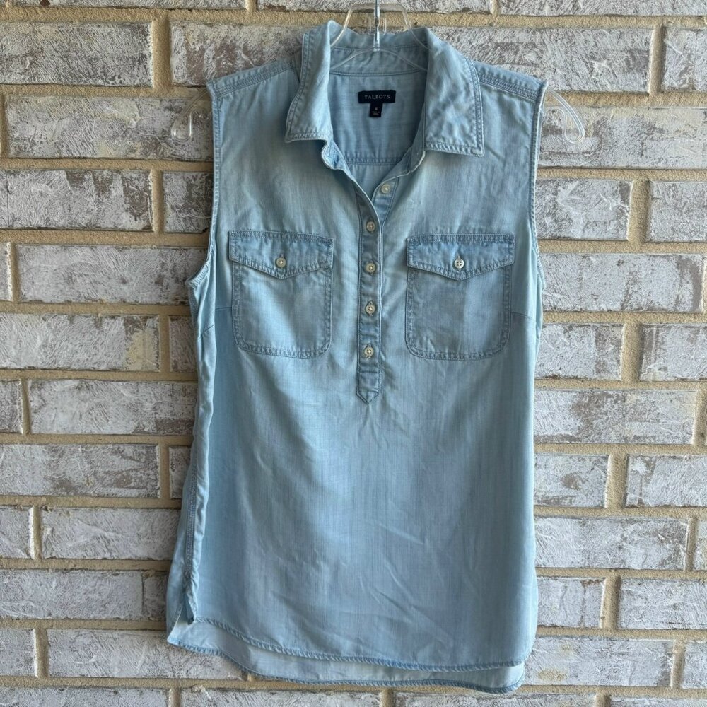 Talbots Sleeveless Half Button Collared Blue Deni… - image 1